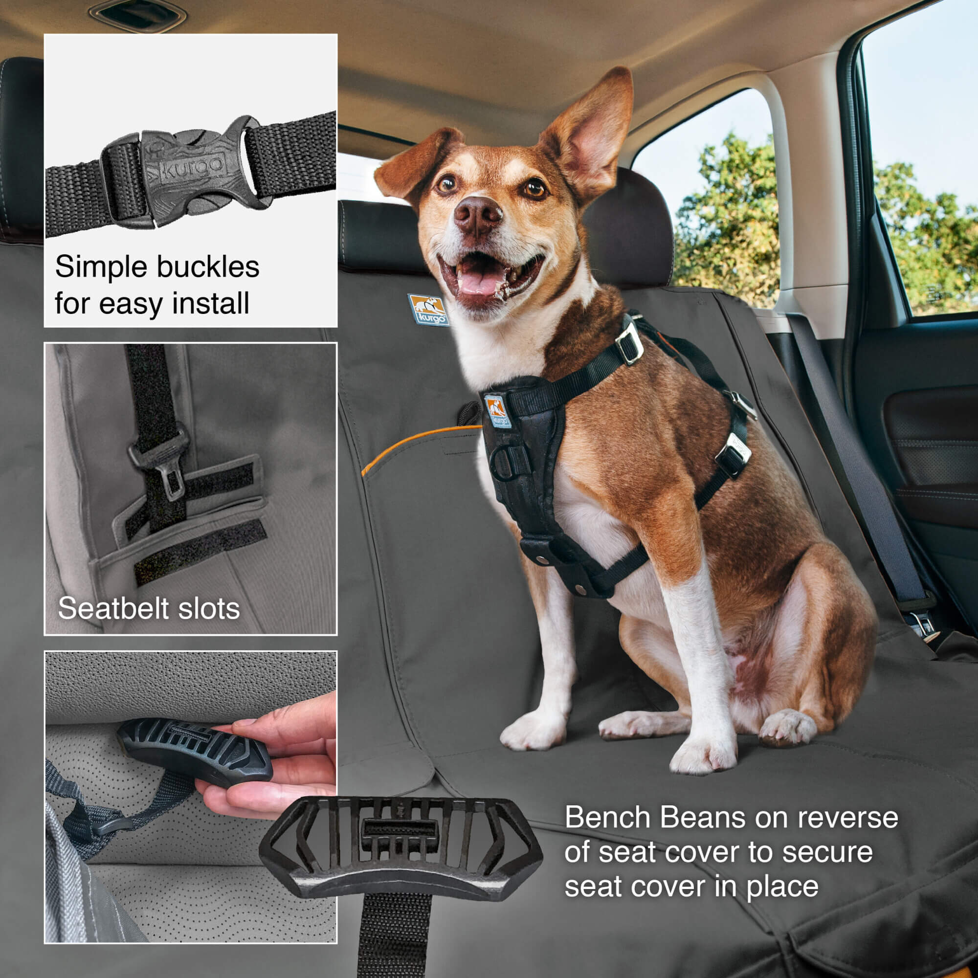 Information chart with dog on kurgo wander bench seat cover