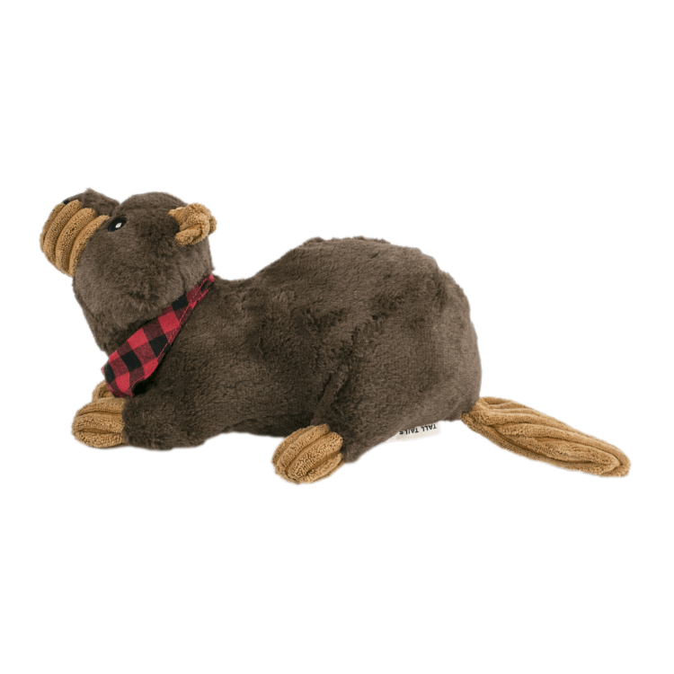 <img src="plush dog toy.png" alt="brown plush beaver dog toy with red and black bandana">