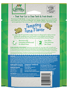 Back of greenies dental cat treats tuna flavor 4.6 oz blue label bag