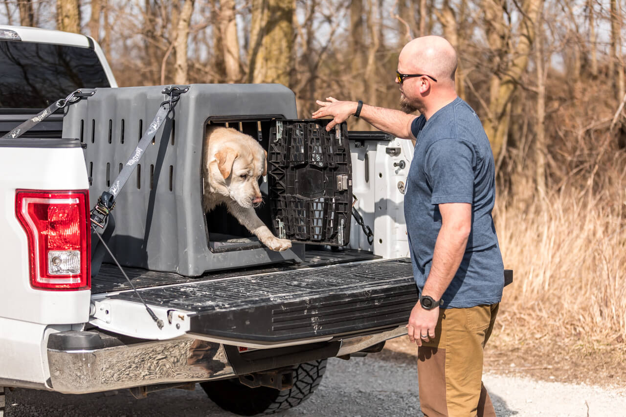 Man letting dog out of lucky duck dog kennel in back of truck