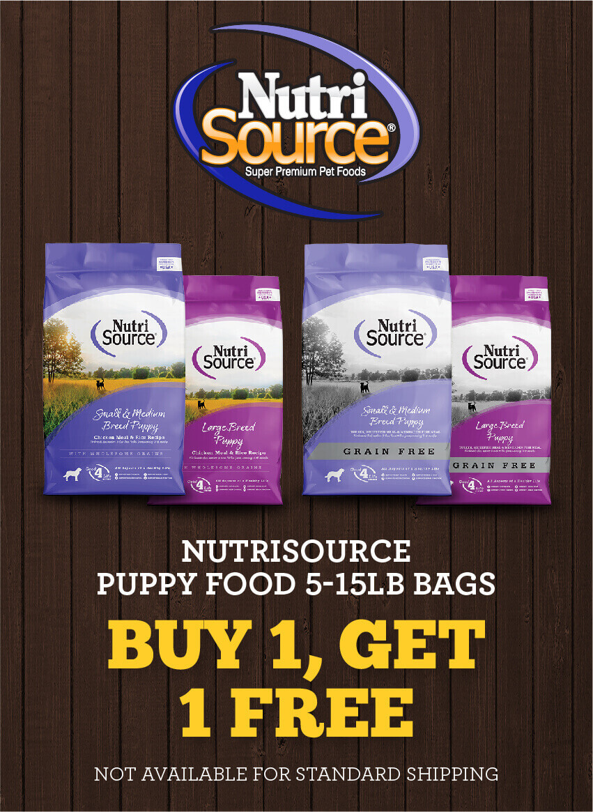 Buy one, get one free on 5 to 15lb Nutrisource puppy foods. In-store, curbside, and Same Day Delivery Only.