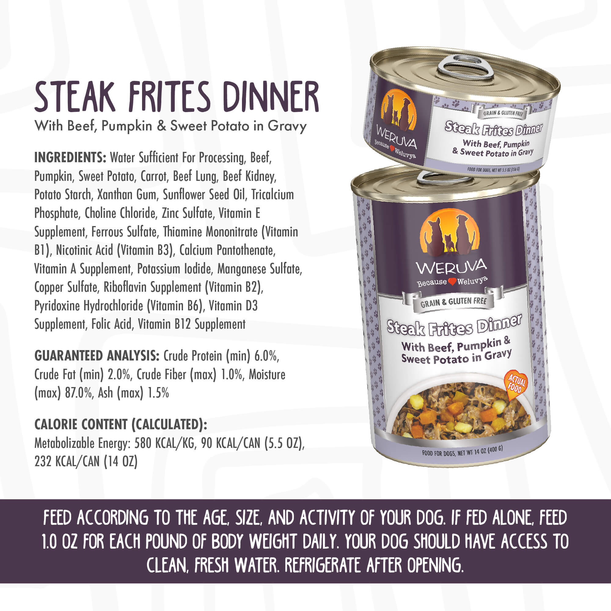 Weruva Steak Frites Dinner dog food ingredients and guaranteed analysis