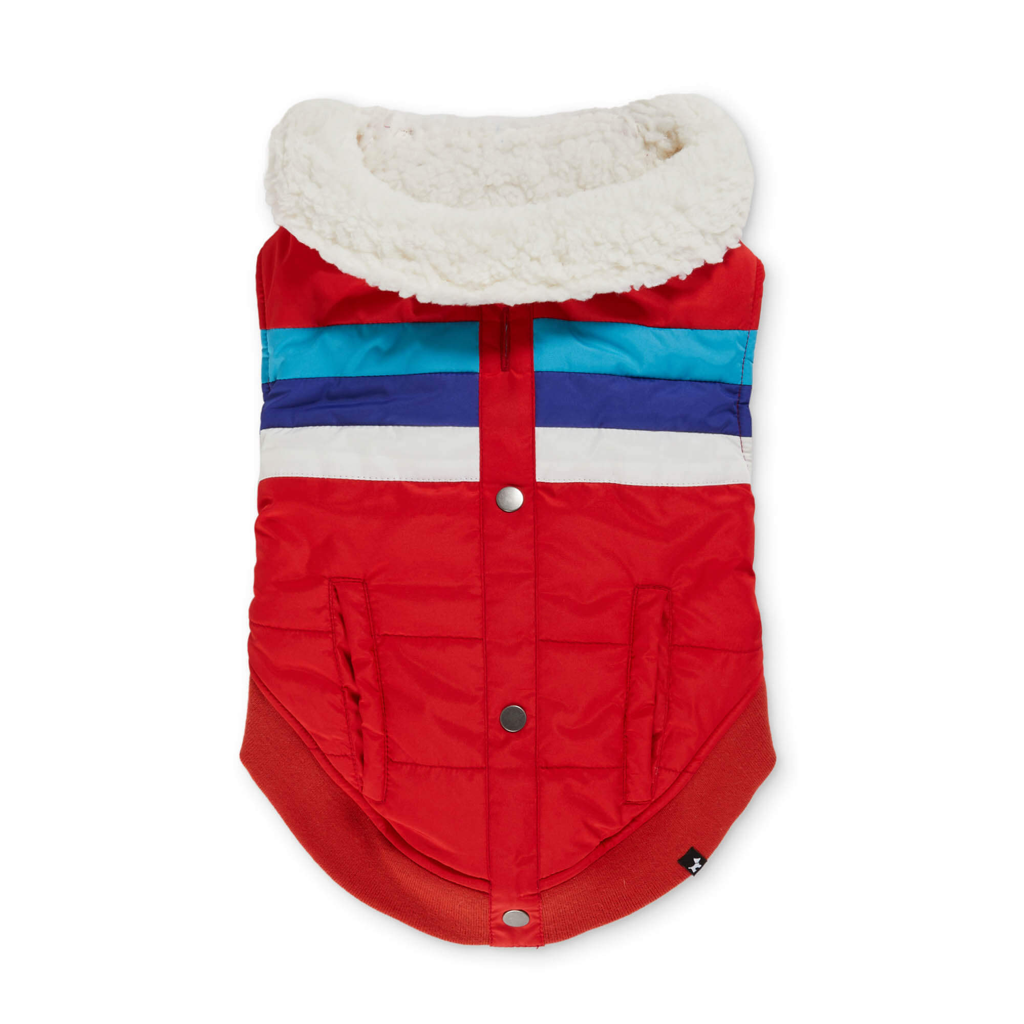 View of red ski jacket. Top Side. 