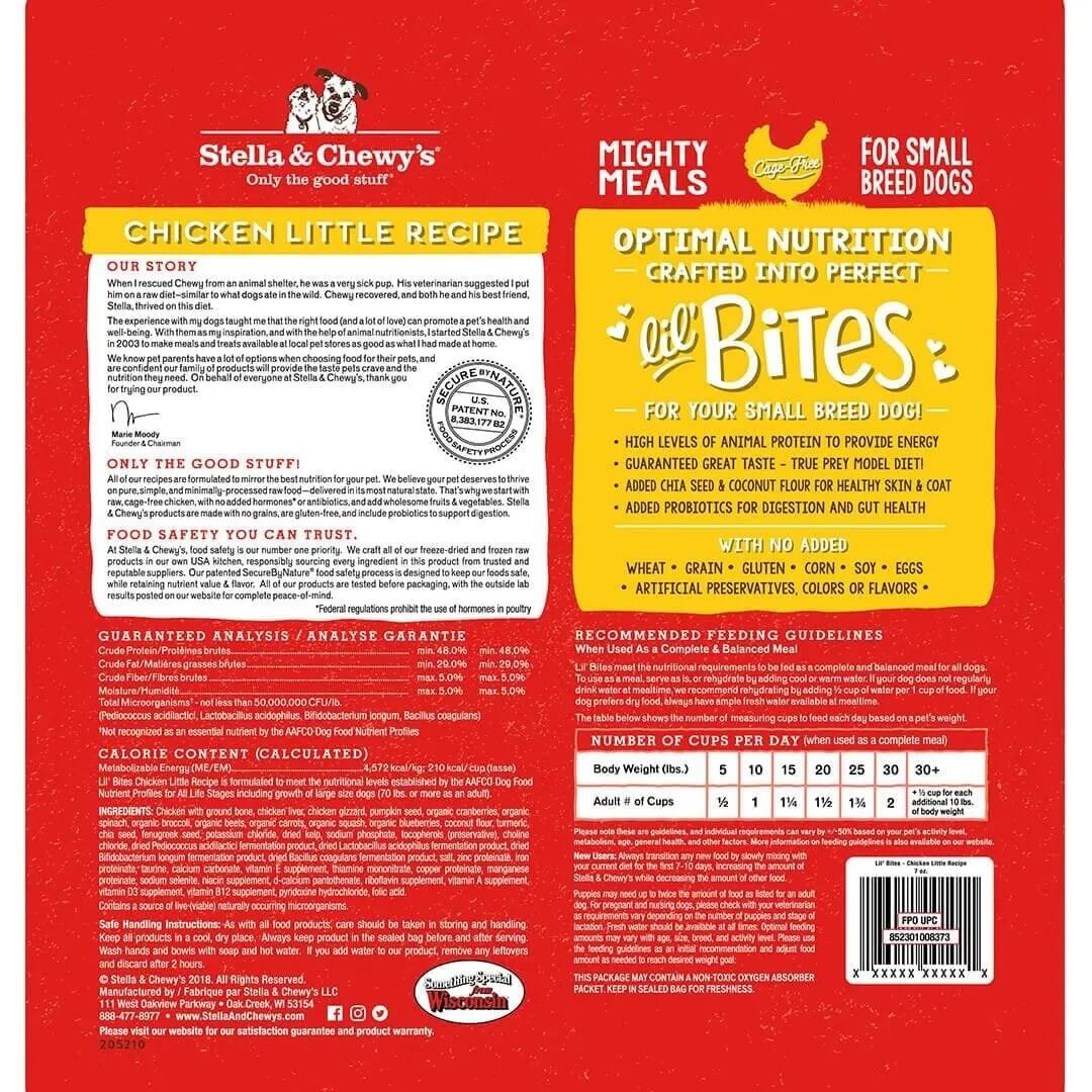 back of bag stella and chewys lil bites chicken dog food