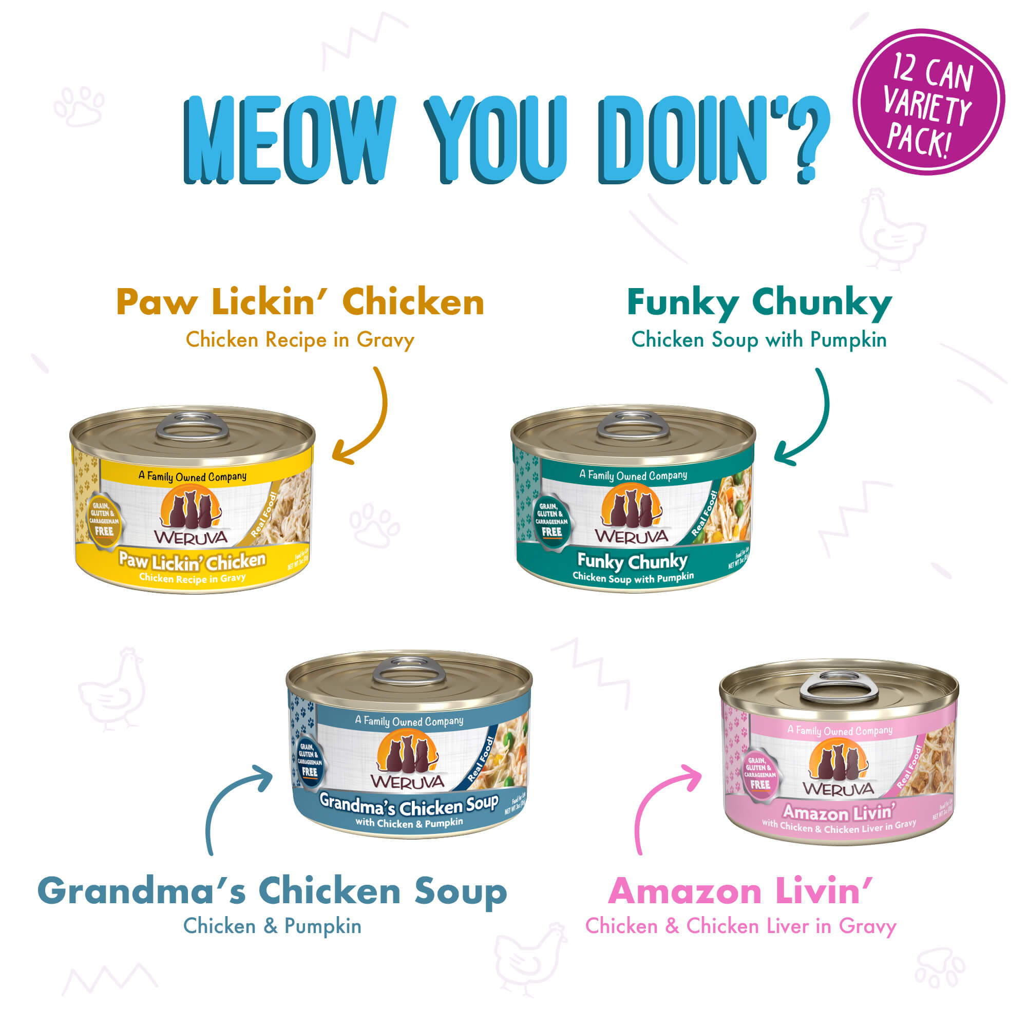 Weruva cat food meow you doin? variety pack 3 oz 4 flavors