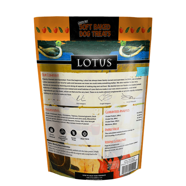 lotus soft baked dog treats duck recipe back of 10oz pouch