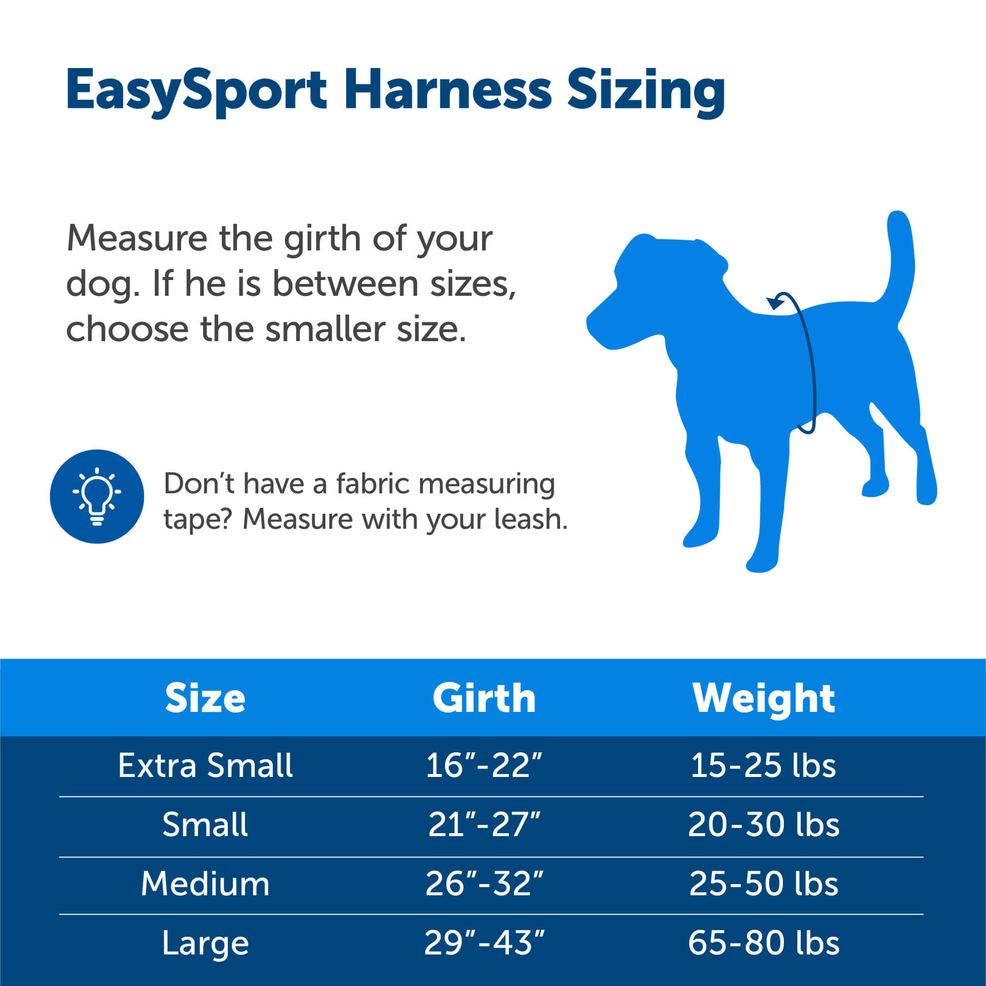 Petsafe EasySport Harness Sizing chart