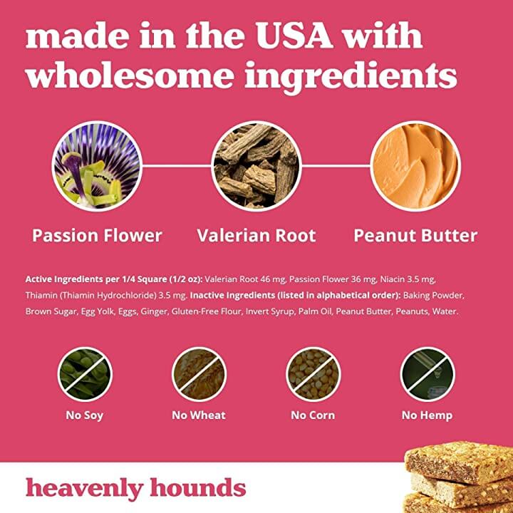 Heavenly Hounds Dog Relaxation square made in US with wholesome ingredients: passion flower, valerian root, peanut butter