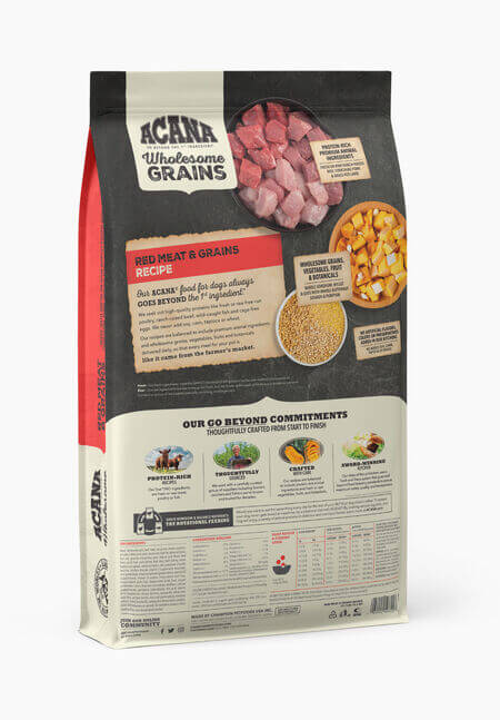 back of bag acana wholesome grains red meat and grains