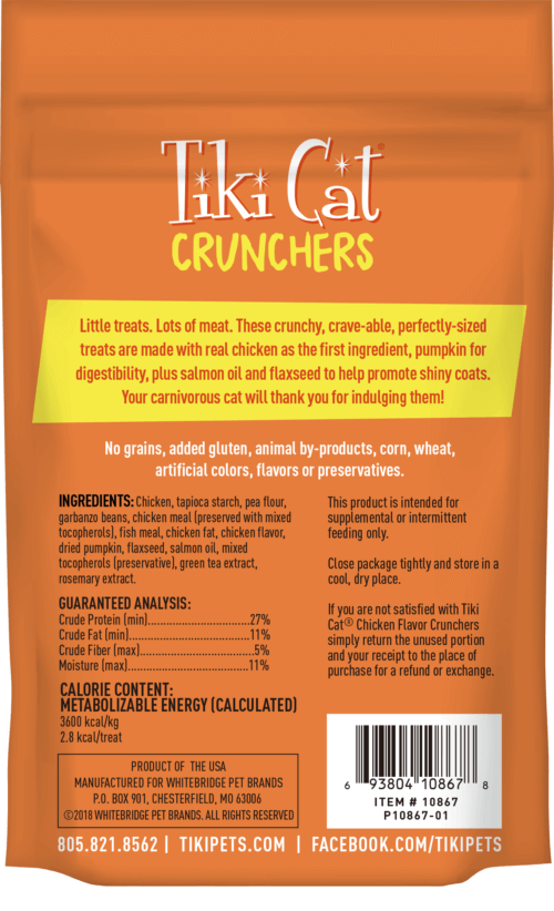 Tiki Cat Crunchy Cat Treats Chicken 2oz back of Bag