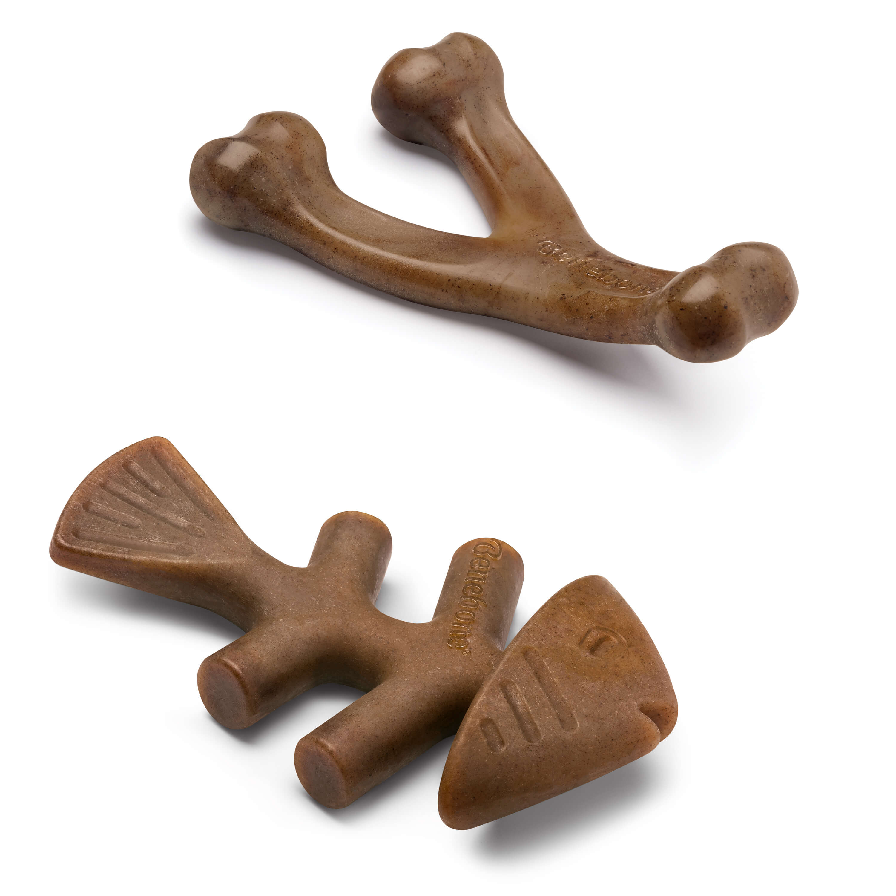 benebone 2 pack bacon wishbone and fish bone toy out of packaging
