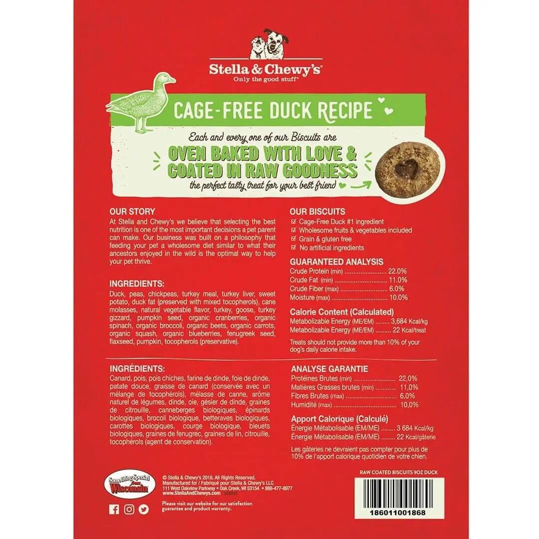 stella and chewy back of bag CAGE-FREE duck RAW COATED BISCUITS