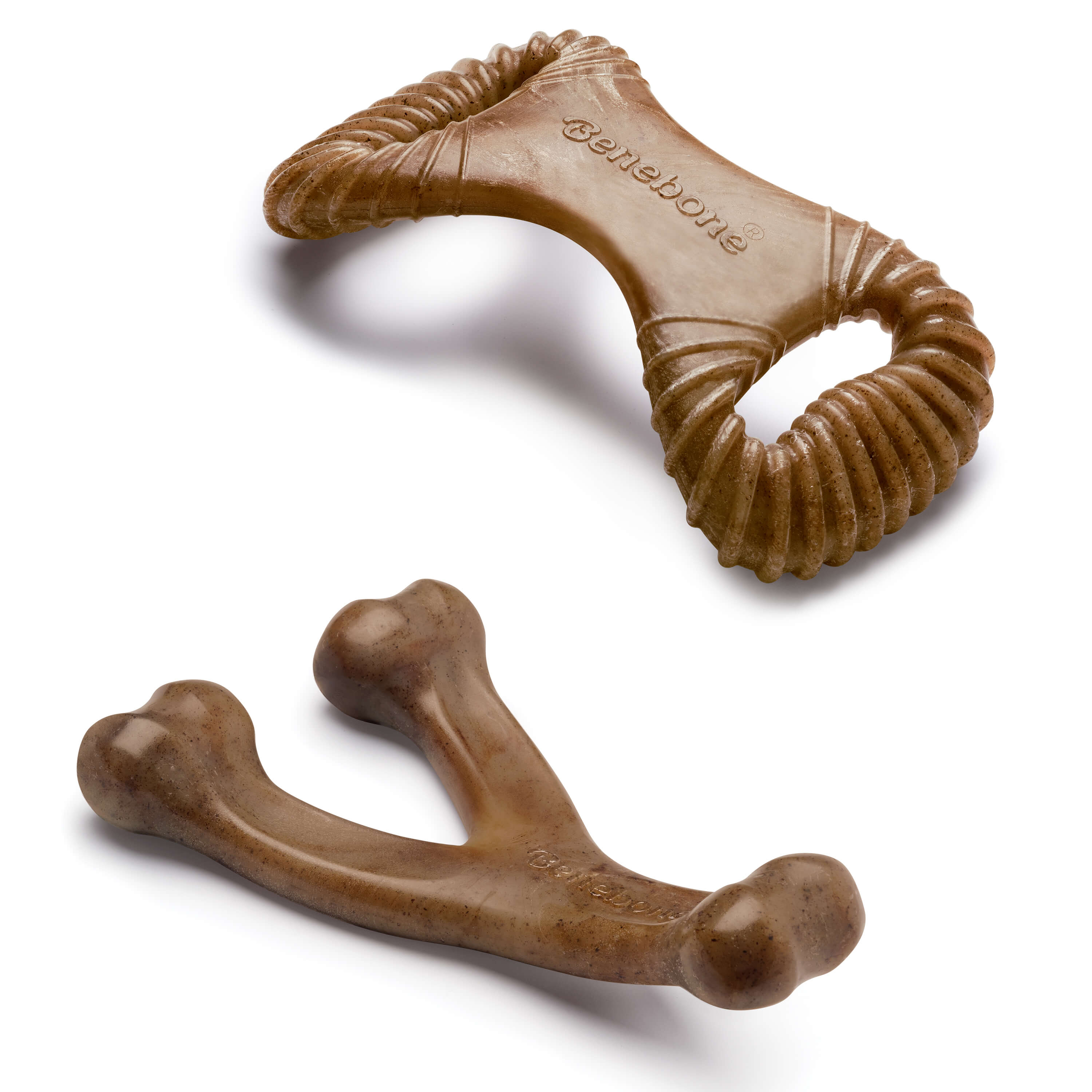benebone 2 pack bacon wishbone and dental toy out of packaging