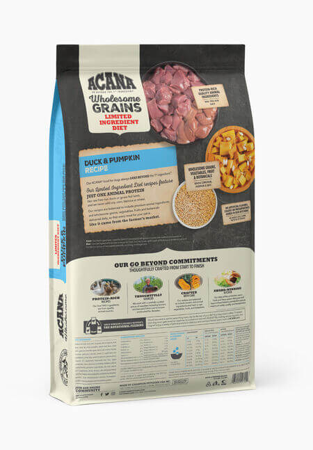 ACANA Dog Food Wholesome Grains Duck Back of 22.5lb Bag 