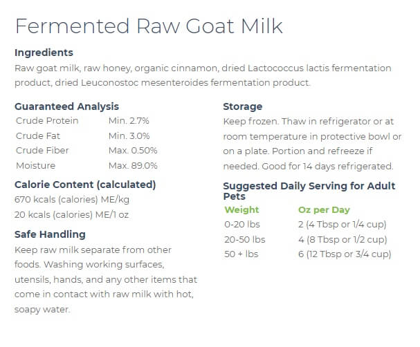 Answers Frozen Raw Goat's Milk Ingredient list