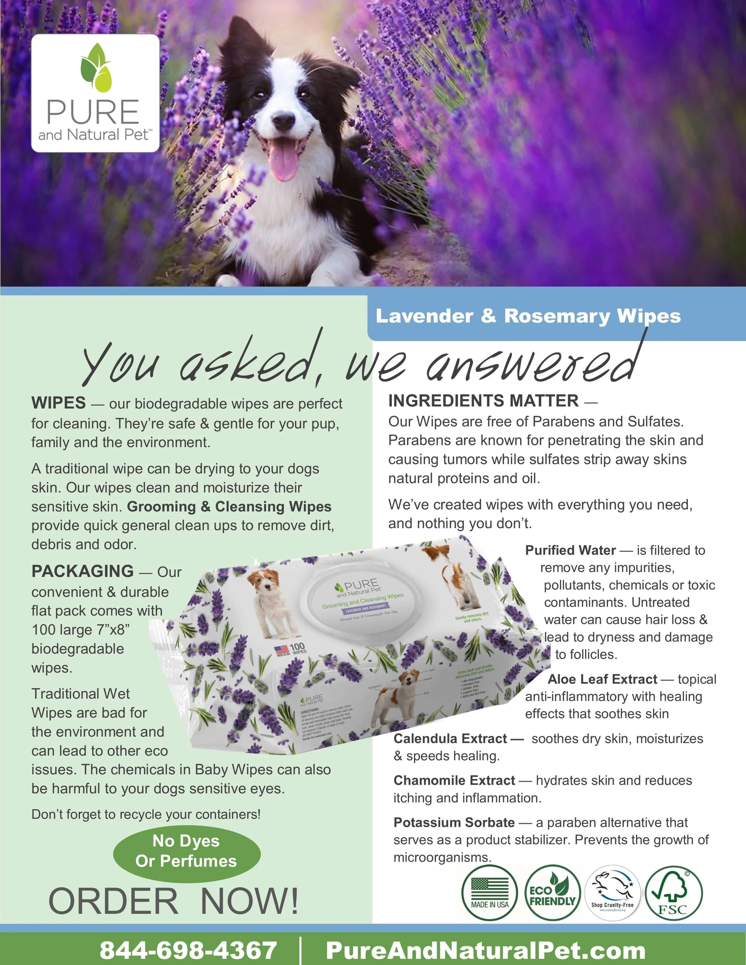 Pure and Natural Pet - Cat and Dog  - Lavender Wipes