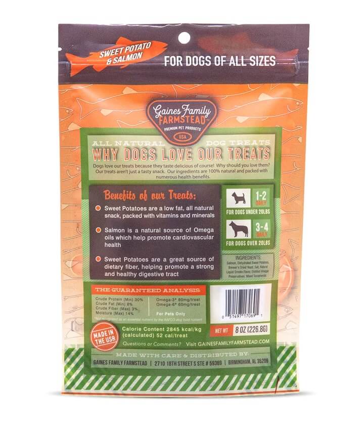 gaines family farmstead salmon and sweet potato back of bag