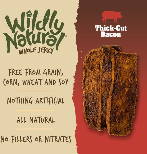 Wildy Natural Dog Treats - Jerky thick cut bacon info panel