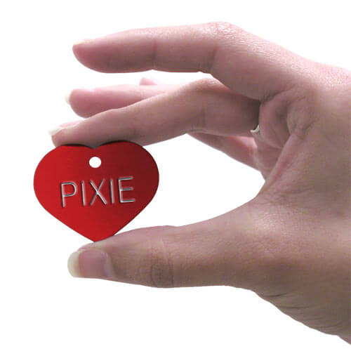 Red iMARC large heart pet ID tag with name PIXIE