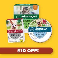 $10 OFF Seresto, K9 Advantix II, and Advantage Cat Products