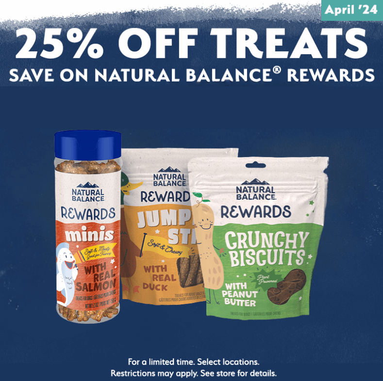 Save between $1.75 and $7.50 on Natural Balance Rewards Dog Treats and Limited Ingredient Freeze-Dried Raw
