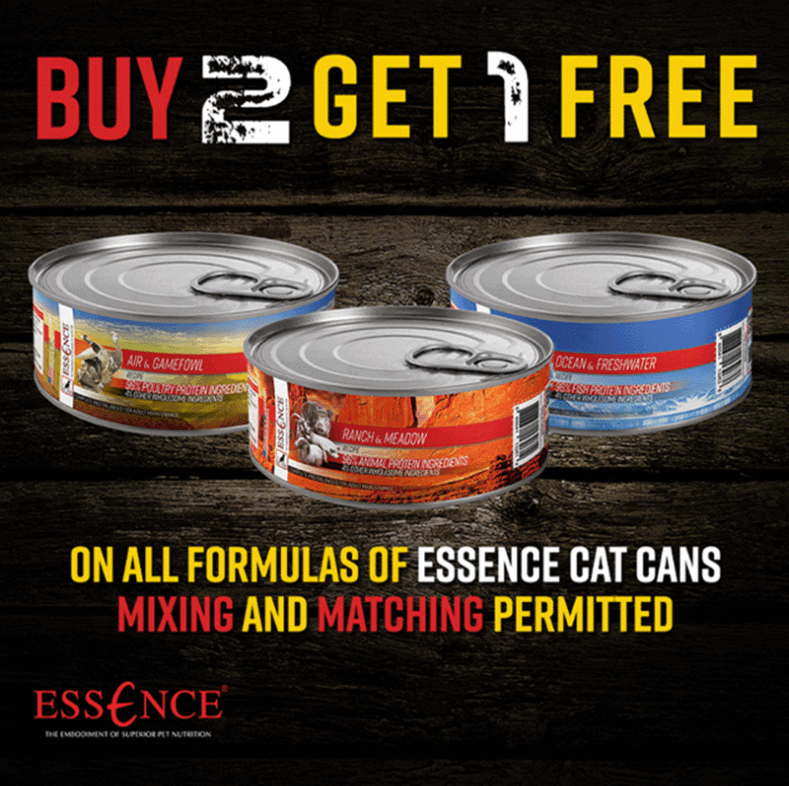 Buy 2, Get 1 FREE on all formulas of Essence Canned Cat Food. Mix and match permitted.