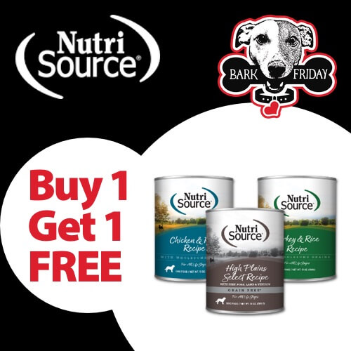 Buy 1, Get 1 FREE on all formulas of NutriSource Dog and Cat Cans.