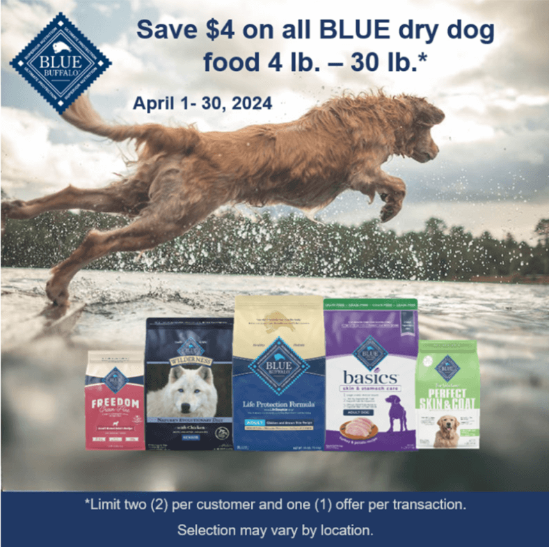 Save $4.00 on all 4lb-30lb bags of Blue Buffalo Dry Dog Food