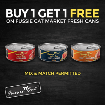 Buy 1, Get 1 FREE on Fussie Cat Market Fresh 5.5oz cans. Mix and match permitted.