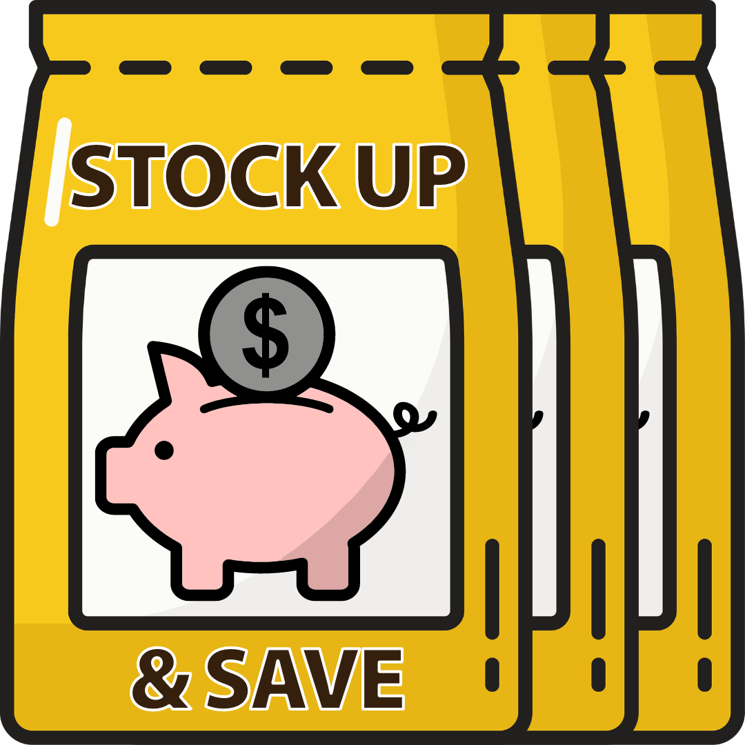Stock Up and Save icon of 3 yellow dog food bags with a piggy bank on the front