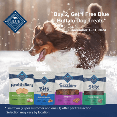 Buy 2 'Blue Buffalo' Dog Treats, Get 1 FREE! Offer excludes all other lines of treats such as Blue True Chews, Blue Wilderness, Blue Basics, etc.