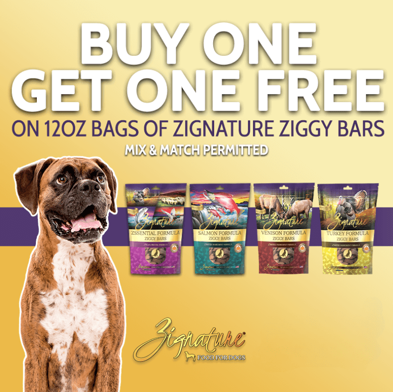 Buy 1, Get 1 FREE on all formulas of 12oz bags of Ziggy Bars for Dogs. Mix and match permitted.