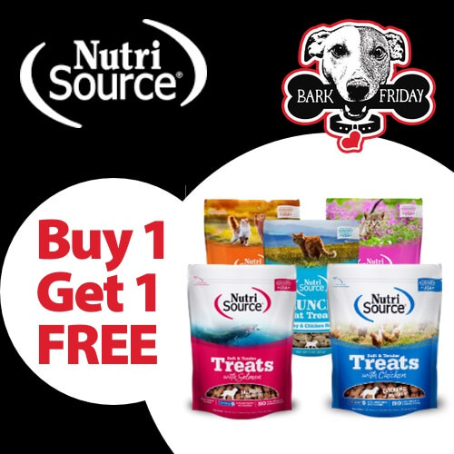 Buy 1, Get 1 FREE on all formulas of NutriSource Dog and Cat Treats.