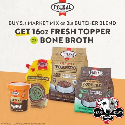 Primal Pet Foods Buy 5 lb Market Mix or 2 lb Butcher's Blend and Get 16 oz Fresh Topper or Bone Broth