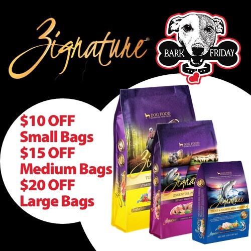 Save on Zignature Dry Dog Food! $10 off small bags, $15 off medium bags, and $20 off large bags.