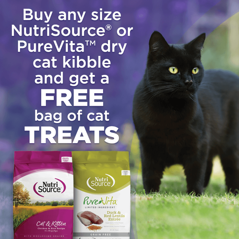Buy a bag of NutriSource, PureVita, or Element Dry Cat Kibble, Get 1 bag of NutriSource Crunchy Cat Treats FREE!