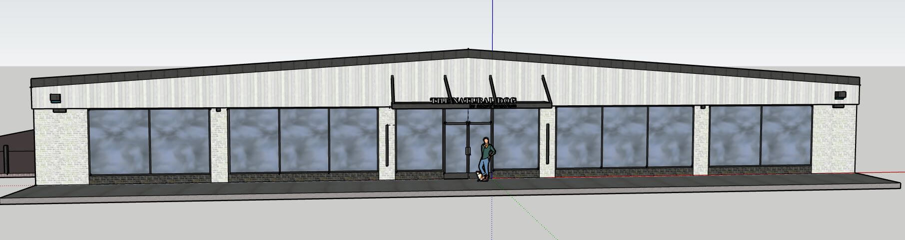 Artist rendering of front of Nature's Emporium. White stained brick and wood with black metal accents and new sign that reads The Natural Dog