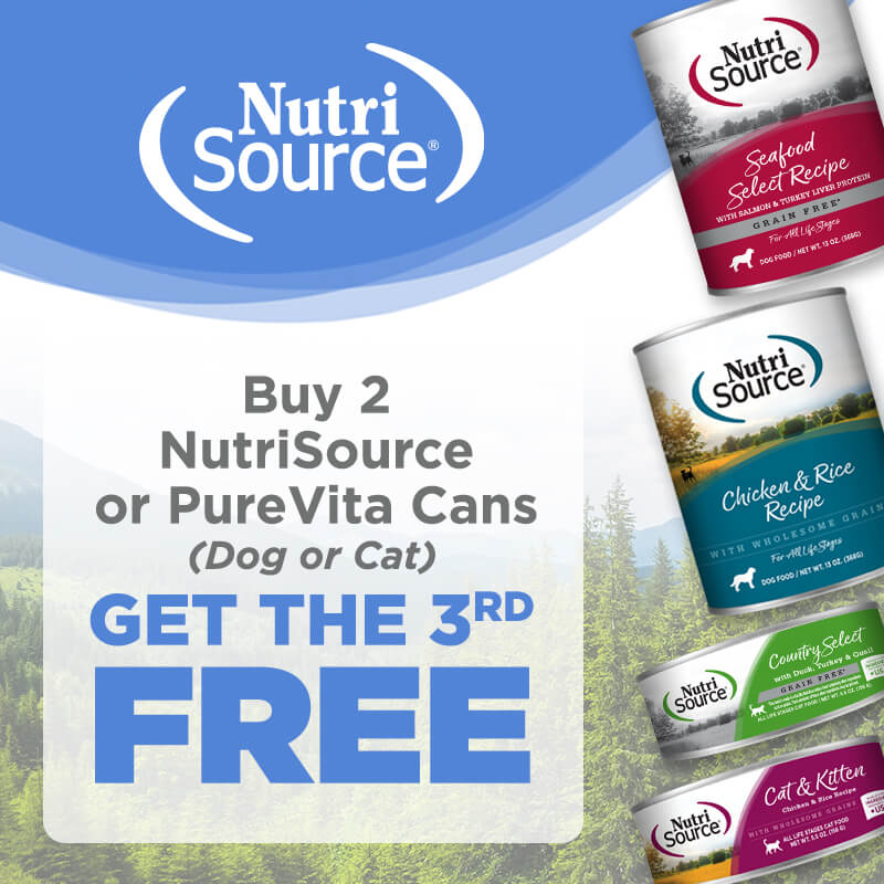 Buy 2 Single NutriSource or PureVita Dog or Cat Cans, Get 1 Can FREE! Mix and match between species not permitted.