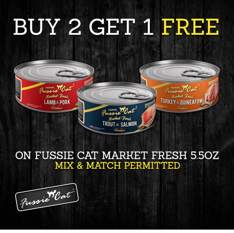 Buy 2, Get 1 FREE on Fussie Cat Market Fresh 5.5oz cans. Mix and match permitted.