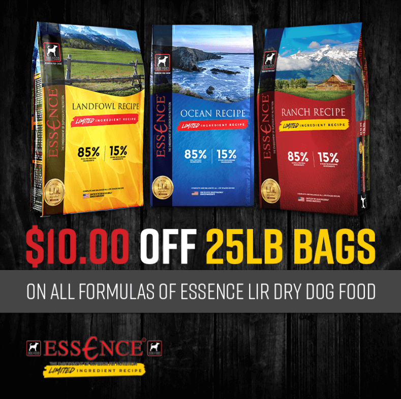 Save $10.00 on 25lb bags of Essence LIR Dry Dog Food.