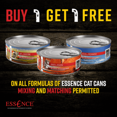 Buy 1, Get 1 FREE on all formulas of Essence Canned Cat Food. Mix and match permitted.