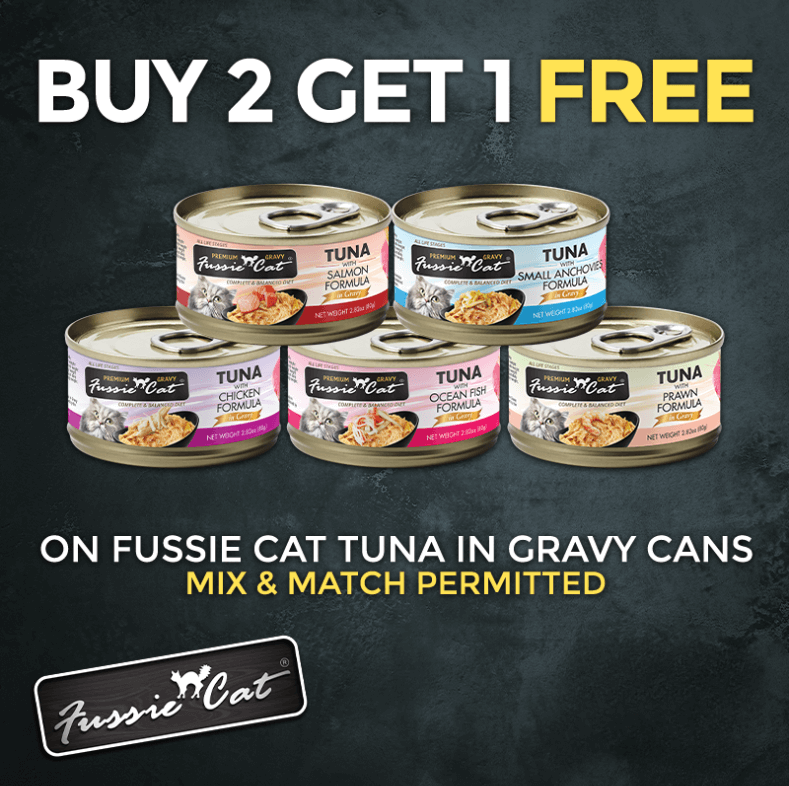 Buy 2, Get 1 FREE on Fussie Cat Tuna in Gravy Cans. Mix and match permitted.