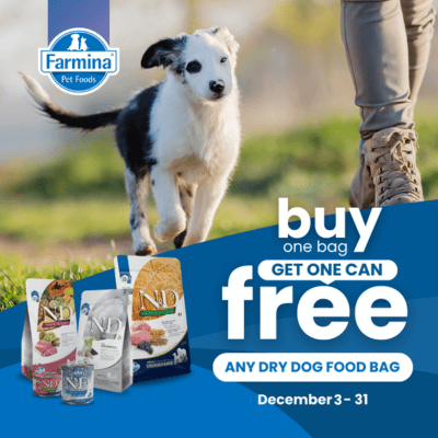 Buy any size bag of Farmina N&D Dry Dog Food, Get 1 Canine N&D Wet Food Can FREE!