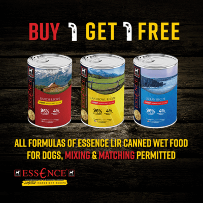 Buy 1, Get 1 FREE on all formulas of Essence LIR Canned Wet Food for Dogs. Mix and match permitted.