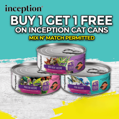 Buy 1, Get 1 FREE on all formulas of inception Cat Cans. Mix and match permitted.