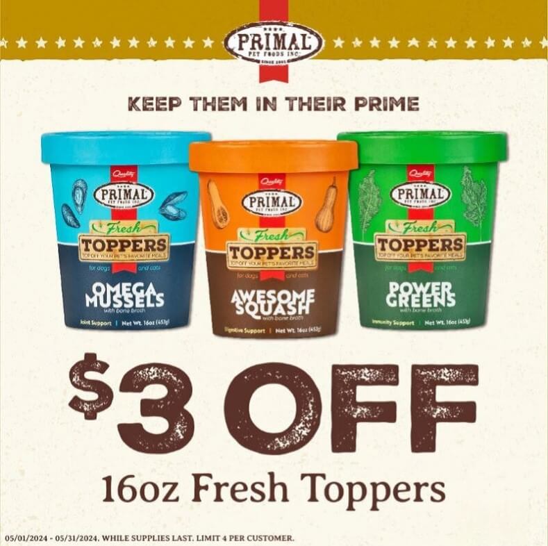 Save $3.00 on 16oz Primal Pet Foods Fresh Toppers