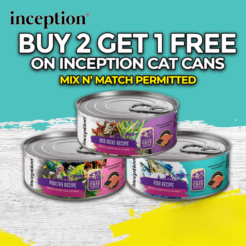 Buy 2, Get 1 FREE on all formulas of inception Cat Cans. Mix and match permitted.