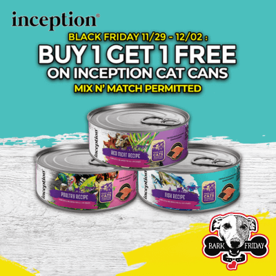 Buy 1, Get 1 FREE on all formulas of inception Cat Cans. Mix and match permitted.