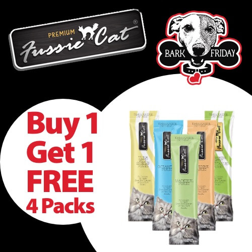 Buy 1, Get 1 FREE on all formulas of Fussie Cat Puree Cat Treats. Mix and match permitted.