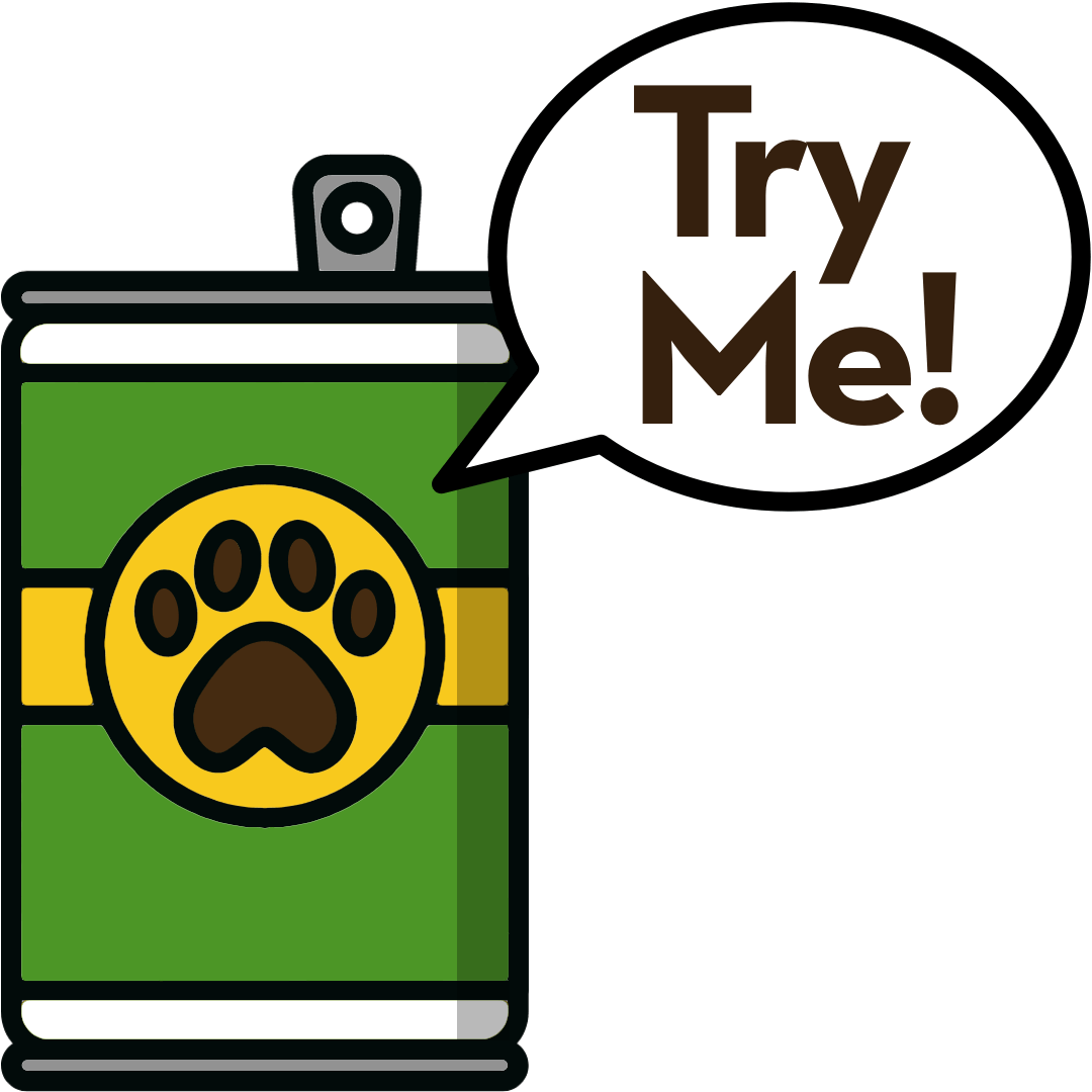 Try me icon of green can of pet food with speech balloon saying try me